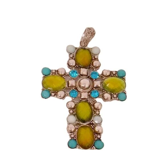 Estate Blue Green Rhinestone Silver Tone Cross Pendant Large Boho ChicStatement - Picture 1 of 4